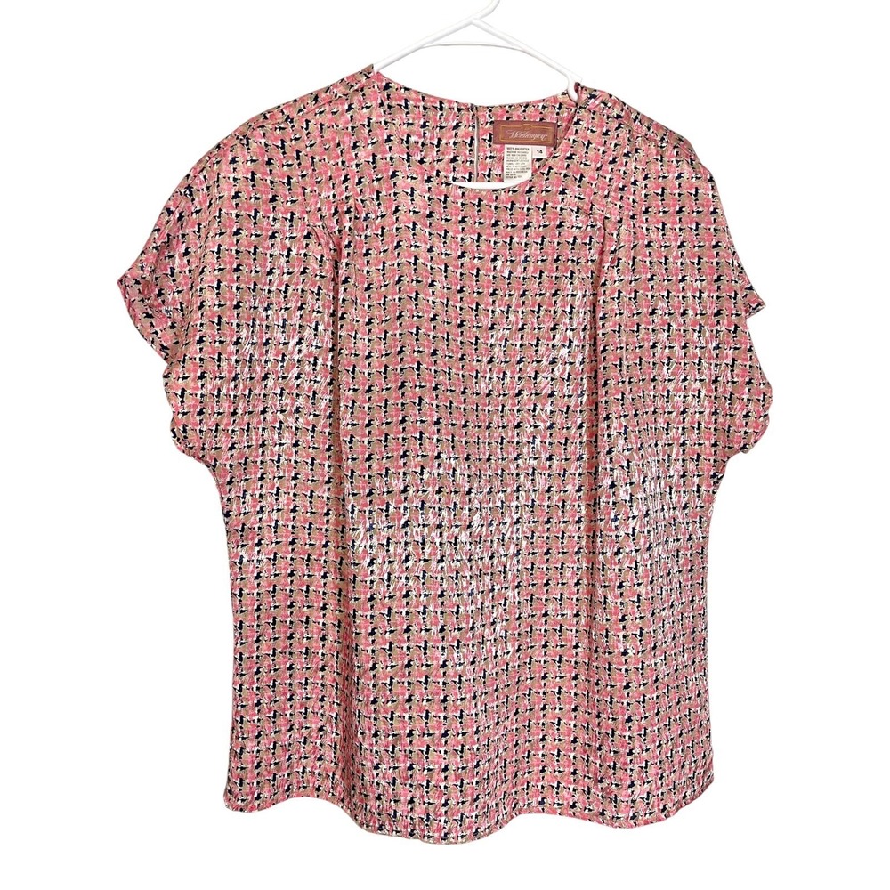 Worthington 14 Pink Gold Metallic‎ Houndstooth Blouse Shoulder Pads Vintage Core